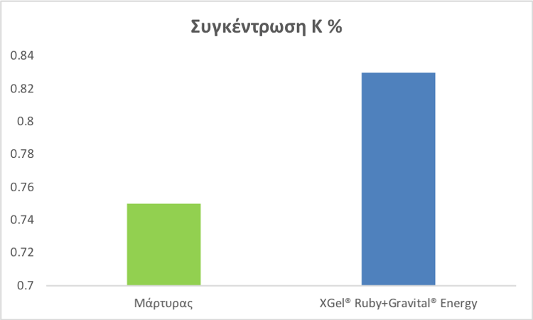 Εικόνα 10. Συγκέντρωση Καλίου στα φύλλα των ελαιόδεντρων της 4ης μεταχείρισης και του Μάρτυρα